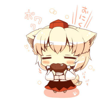 1girl 23_(candy_chapus) :3 animal_ear_fluff animal_ears bare_shoulders blush bone boned_meat chibi circle closed_eyes detached_sleeves drop_shadow eating food hat heart holding holding_food inubashiri_momiji lowres meat motion_lines paw_print pom_pom_(clothes) saliva shirt short_hair simple_background skirt solo sound_effects tail tail_wagging thick_eyebrows tokin_hat touhou white_background white_hair wolf_ears wolf_tail