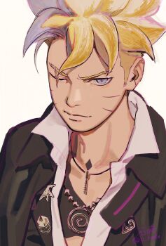 Rule 34 | 1boy, black jacket, blonde hair, blue eyes, boruto: two blue vortex, facial mark, highres, jacket, jewelry, konohagakure symbol, male focus, naruto (series), necklace, o hqfu, one eye closed, portrait, scar, scar across eye, scar on face, signature, solo, undercut, uzumaki boruto, whisker markings