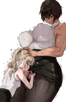 1futa 1girl blonde_hair blue_eyes breasts brown_hair censored commentary dark-skinned_female dark_skin dated_commentary fellatio futa_with_female futanari hands_on_another&#039;s_head height_difference highres kei_(m_k) large_breasts long_hair looking_at_penis m_k mosaic_censoring muscular muscular_female oral original pantyhose pencil_skirt penis ponytail red_eyes rika_(m_k) short_hair simple_background size_difference skirt small_breasts standing sweat symbol-only_commentary tall_female tan tomboy