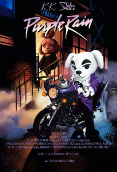 Rule 34 | 1boy, 1girl, absurdres, animal crossing, ascot, black eyes, black shirt, commentary, english commentary, english text, furry, furry female, furry male, highres, isabelle (animal crossing), jacket, k.k. slider (animal crossing), long sleeves, lucas marques, motor vehicle, motorcycle, nintendo, parody, prince (musician), purple jacket, purple rain, riding, shirt, smile, smoke, solid circle eyes, twitter username, urban, white ascot, white fur