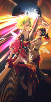 Rule 34 | 3girls, absurdres, alternate costume, angels of delusion, aqua hair, aria (zenless zone zero), arm support, bare shoulders, belt, black belt, black choker, black hair, black leg warmers, blue eyes, blunt bangs, bow, camisole, chinese commentary, choker, closed mouth, commentary request, eyewear on head, green bow, green eyes, green hair, hair bow, halo, highres, jacket, jewelry, leg warmers, looking at viewer, looking to the side, multicolored hair, multiple girls, nangong yu, necklace, night, open clothes, open jacket, outdoors, pink hair, red eyes, shirt, short sleeves, standing, streaked hair, sunna (zenless zone zero), swkl:d, symbol-shaped pupils, white camisole, white shirt, white wings, wings, zenless zone zero