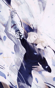 2boys absurdres black_shirt blonde_hair brothers dancing highres incest long_sleeves male_focus millions_knives multiple_boys parted_lips prosthesis prosthetic_arm severed_limb shirt short_hair siblings trigun trigun_stampede upper_body vash_the_stampede yakikesen yaoi