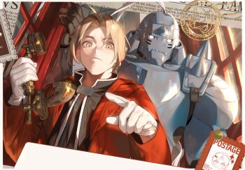 Rule 34 | 2boys, ahoge, alphonse elric, armor, black jacket, blonde hair, brothers, cbow, closed mouth, coat, commentary, curtained hair, edward elric, english text, full armor, full body, fullmetal alchemist, gloves, highres, holding, holding phone, hood, hood down, hooded coat, jacket, looking at viewer, male focus, multiple boys, payphone, phone, phone booth, postage stamp, red coat, siblings, undershirt, white gloves