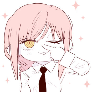 1girl chainsaw_man chibi chibi_only collared_shirt deer60868637 index_finger_raised limited_palette long_sleeves makima_(chainsaw_man) necktie one_eye_closed open_mouth pink_hair ringed_eyes shirt solo yellow_eyes