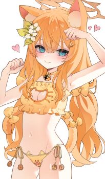 1girl absurdres alternate_costume animal_ear_fluff animal_ears bell blue_archive blue_eyes blush bow bra breasts cat_cutout cat_ear_panties cat_ears cat_girl cat_lingerie cat_tail cleavage_cutout closed_mouth clothing_cutout collarbone commentary cowboy_shot fingernails flower frilled_bra frills hair_flower hair_ornament halo hands_up heart highres jingle_bell loli long_hair looking_at_viewer mari_(blue_archive) navel neck_bell nyangpan orange_bow orange_bra orange_hair orange_halo orange_hanfu orange_panties orange_tail panties side-tie_panties simple_background small_breasts smile solo star_(symbol) star_in_eye stomach symbol_in_eye tail tail_bow tail_ornament underwear very_long_hair white_background white_flower