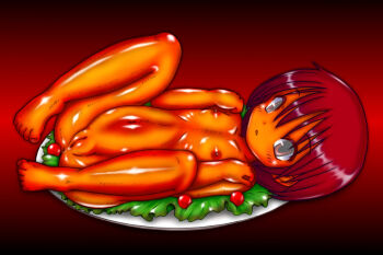 1girl breasts cannibalism death empty_eyes guro k-bungeisha loli nude plate red_eyes red_hair short_hair small_breasts