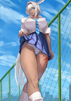 1girl absurdres animal_ears blue_eyes blue_panties blue_skirt blue_sky body_markings breasts caenis_(fate) chain-link_fence collared_shirt dark-skinned_female dark_skin fate/grand_order fate_(series) fence hair_intakes hairband highres kneehighs large_breasts long_hair looking_at_viewer massive_kagawa necktie open_mouth panties shirt short_sleeves skirt sky socks solo striped_clothes striped_panties thighs underwear very_long_hair white_hair white_shirt