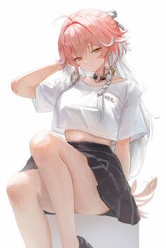 1girl ahoge alternate_costume arm_up black_skirt braid breasts changli_(wuthering_waves) choker closed_mouth commentary crop_top ddcc0123 english_commentary feather_hair feet_out_of_frame hair_extensions highres large_breasts long_hair looking_at_viewer multicolored_hair o-ring o-ring_choker pink_hair ring_hair_extensions shirt simple_background sitting skirt solo thighs twin_braids two-tone_hair white_background white_hair white_shirt wuthering_waves yellow_eyes