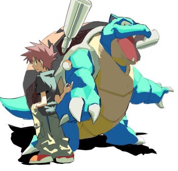 black_shirt blastoise blue_oak brown_hair cannon claws fangs full_body gen_1_pokemon grey_pants hand_on_own_hip looking_at_viewer male_focus nintendo open_mouth pants poke_ball pokemon pokemon_(creature) pure_to_ma red_shoes shirt shoes short_hair short_sleeves spiked_hair standing turtle_shell