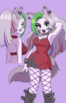 1girl absurdres animal_ear_piercing animal_ears boots breasts cleavage commentary_request cowboy_shot dress earrings extra_ears fishnet_pantyhose fishnets five_nights_at_freddy's five_nights_at_freddy's:_security_breach from_behind grey_hair highres humanization jewelry large_breasts long_hair minami_(mnm-kyk) multicolored_hair multiple_views open_mouth pantyhose ponytail punk purple_background red_dress roxanne_wolf standing streaked_hair tail upper_body wolf_ears wolf_girl wolf_tail