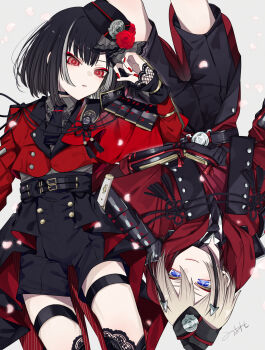 2boys absurdres armor artist_name ascot belt black_ascot black_belt black_choker black_hair black_hat black_thighhighs blonde_hair bob_cut choker expressionless green_hair grey_shirt hair_ornament hat highres hyuuga_masamune jacket kyogoku_masamune lace lace-trimmed_thighhighs lace_trim moto_mitsuashi multicolored_hair multiple_boys nail_polish purple_eyes red_eyes red_jacket red_nails red_shorts shirt shirt_tucked_in short_hair shorts shoulder_armor signature simple_background streaked_hair thigh_strap thighhighs tilted_headwear touken_ranbu white_background