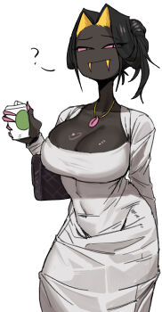 Rule 34 | ?, badasengsu, bag, black hair, blonde hair, breasts, cleavage, clutch purse, colored inner hair, commentary, cup, dongtan dress, dress, fangs, fingernails, genderswap, genderswap (mtf), handbag, hazbin hotel, hellaverse, highres, holding, holding cup, huge breasts, jewelry, lamia, monster girl, multicolored hair, pendant, pink nails, sharp fingernails, shrug (clothing), sir pentious, snake girl, tight clothes, tight dress, untranslatable commentary, updo, wavy mouth, white dress