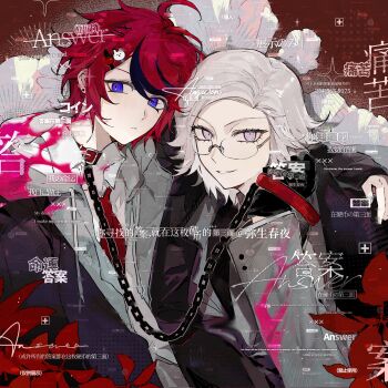 2boys absurdres ahoge aotsuki_eito arm_on_another&#039;s_shoulder artist_request black_gloves black_hair black_jacket blood blood_on_clothes blue_eyes blush chain chain_leash chinese_commentary closed_mouth collar collared_shirt commentary_request commission eyelashes food-themed_hair_ornament glasses gloves grey_jacket hair_between_eyes hair_ornament hairclip highres holding holding_leash jacket leash long_sleeves male_focus multicolored_hair multiple_boys necktie pink_blood purple_eyes rabbit_hair_ornament red_collar red_hair red_necktie second-party_source shirt short_hair smile streaked_hair sumino_takumi the_hundred_line_-last_defense_academy- tomato_hair_ornament too_many_watermarks two-tone_hair watermark white_hair white_shirt yaoi