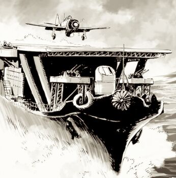 a6m_zero aircraft aircraft_carrier airplane anti-aircraft anti-aircraft_gun chrysanthemum cloud cloudy_sky commentary_request external_fuel_tank flight_deck flower greyscale highres imperial_japanese_navy kikumon matsuda_juukou military military_vehicle monochrome no_humans ocean original propeller propeller_fighter ship sky vehicle_focus warship watercraft waves zuikaku_(aircraft_carrier)