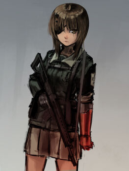 Rule 34 | 10s, 1girl, assault rifle, bad id, bad pixiv id, blue jacket, brown eyes, brown hair, cosplay, cowboy shot, emblem, eyepatch, female focus, furukawa herzer, girls und panzer, grey background, gun, highres, holding, holding weapon, horns, jacket, long sleeves, looking at viewer, machine gun, mechanical arms, metal gear (series), military, military uniform, miniskirt, nishizumi miho, pleated skirt, rifle, scar, scar across eye, scar on face, short hair, single horn, single mechanical arm, skirt, solo, standing, venom snake, venom snake (cosplay), weapon, weapon request, white skirt