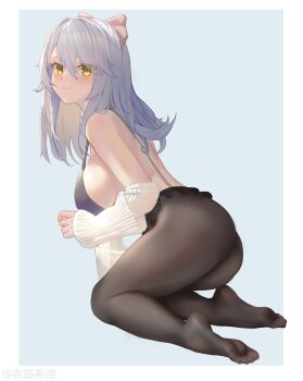 Rule 34 | 1girl, absurdres, ass, feet, grey hair, highres, light blush, long hair, looking at viewer, lyfe bestla, pantyhose, smile, snowbreak: containment zone, soles, toes, yellow eyes, yi lucid