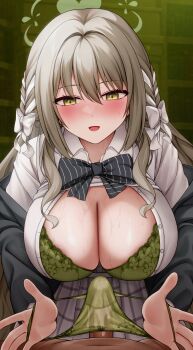 1boy 1girl absurdres blue_archive blush bow bow_panties bowtie bra braid breasts chien_zero commentary_request diagonal-striped_bow diagonal-striped_bowtie diagonal-striped_clothes ejaculation_under_clothes flower_halo green_bow green_bra green_halo green_jacket green_panties grey_hair grey_skirt hair_bow hair_ribbon halo highres holding holding_panties holding_underwear holding_unworn_clothes jacket large_breasts long_hair miyo_(blue_archive) open_clothes open_shirt panties panties_on_penis pov pov_crotch ribbon ribbon_braid shirt skirt striped_bow striped_bowtie striped_clothes underwear white_bow white_shirt yellow_eyes