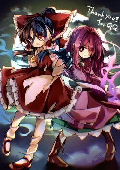 2girls apron ascot black_sclera boots bow brown_boots brown_hair closed_mouth cloud cloudy_sky colored_sclera colored_skin commentary_request commission corruption dark_persona detached_sleeves eye_trail frilled_bow frilled_hair_tubes frilled_skirt frills full_moon green_skirt hair_bow hair_tubes hakurei_reimu hakurei_reimu_(vengeful_spirit) highres holding holding_scroll kappougi koxapfi4jyljb0d light_trail long_hair looking_at_viewer mary_janes mismatched_sclera moon motoori_kosuzu motoori_kosuzu_(possessed) multiple_girls open_mouth possessed red_bow red_eyes red_hair red_skirt ribbon-trimmed_sleeves ribbon_trim scroll shoes skeb_commission skirt skirt_set sky smile socks touhou white_socks yellow_ascot