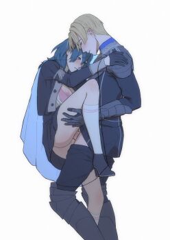 Rule 34 | 1boy, 1girl, armored boots, black boots, black gloves, blue hair, boots, bra, bra pull, cape, carrying, clothes pull, dimitri alexandre blaiddyd, female byleth (academy) (fire emblem), female byleth (fire emblem), fire emblem, fire emblem: three houses, from side, garreg mach monastery uniform, gloves, half gloves, hetero, highres, karini, knee boots, kneehighs, looking down, medium hair, nintendo, nipples, penis, pink bra, princess carry, sex, simple background, socks, underwear, vaginal, variant set, white background, white socks, x-ray