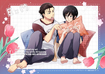 1boy 1girl barefoot black_hair black_pantyhose blue_sleeves blush brown_hair condom condom_in_mouth couple eren_yeager flower full_body grid_background hair_between_eyes hair_bun hetero holding holding_pillow kogatta_em looking_at_viewer mikasa_ackerman mouth_hold pantyhose pillow pink_flower pink_tulip red_sleeves shingeki_no_kyojin shirt short_hair tulip updo white_shirt