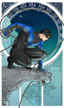 1boy art_nouveau batman_(series) black_hair bodysuit city dc_comics dick_grayson domino_mask eye_mask gargoyle gloves male_focus mask night nightwing rope solo