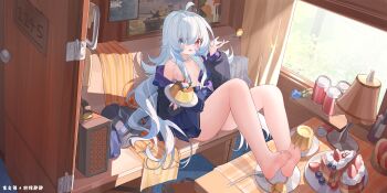 1girl absurdres artist_name barefoot blue_eyes blue_flower blue_hair blue_rose cake cake_slice can curtains desk_lamp flower food hat heterochromia highres holding holding_spoon ice_cream lamp long_hair military_vehicle motor_vehicle ningmeng_jing_jing_jing_jing open_mouth original pleated_skirt pudding red_eyes rose skirt soles solo spoon suitcase tank very_long_hair