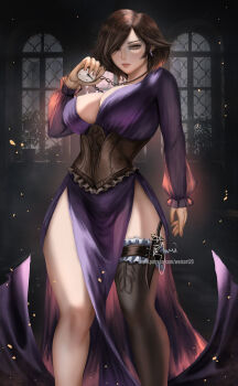 1girl black_corset black_thighhighs breasts brown_hair closed_mouth commentary corset dress earrings english_commentary expressionless fingernails forehead frilled_thighhighs frills front_slit hand_up highleg highres holding holding_stopwatch indoors jewelry knife knife_sheath large_breasts legs legs_apart long_dress looking_at_viewer medium_hair navel nostrils octopath_traveler octopath_traveler_ii parted_bangs patreon_username plant potted_plant purple_dress purple_sleeves revealing_clothes see-through_clothes see-through_sleeves shadow sheath signature single_thighhigh solo stopwatch string_bra thigh_strap thighhighs throne_anguis watch wei_(promise_0820) window yellow_eyes