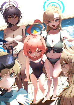5girls ahoge akane_(blue_archive) alternate_costume anda_meshi arms_under_breasts asuna_(blue_archive) bikini black_bikini black_choker black_hair black_nails blonde_hair blue_archive blue_eyes blush bodysuit braid breasts brown_hair choker cleaning_&amp;_clearing_(blue_archive) cleavage crossed_arms dark-skinned_female dark_skin diving_suit embarrassed fang glasses goggles goggles_on_head hair_tie halo height_difference huge_ahoge karin_(blue_archive) large_breasts long_hair medium_breasts medium_hair mole mole_on_breast multiple_girls navel neru_(blue_archive) one-piece_swimsuit open_mouth orange_hair pool poolside red_eyes side_braid skin_fang small_breasts smile snorkel standing swim_goggles swimsuit toenails toki_(blue_archive) wetsuit yellow_eyes