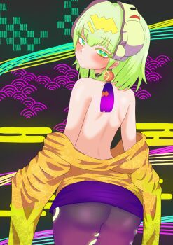 1other absurdres androgynous ass back bare_back blonde_hair duel_monster ear_ornament earrings green_eyes green_hair highres japanese_clothes jewelry kimono long_sleeves looking_at_viewer noh-p.u.n.k._ze_amin oldsickkim pantyhose purple_pantyhose solo ultraviolet_light very_long_sleeves yu-gi-oh!