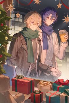 2boys absurdres aventurine_(honkai:_star_rail) belt christmas_ornaments christmas_tree closed_mouth commentary_request cup disposable_coffee_cup disposable_cup dr._ratio_(honkai:_star_rail) gift green_scarf highres holding holding_cup holding_hands honkai:_star_rail honkai_(series) kanangnsn long_sleeves multiple_boys purple_hair purple_scarf scarf smile star_(symbol) stuffed_animal stuffed_toy teddy_bear teeth