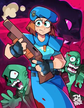1girl absurdres artist_name beret black_gloves blood blood_on_clothes blue_hat blue_pants blue_shirt brown_hair fangs fingerless_gloves gloves gun hat highres holding holding_gun holding_weapon imcarbrrr jill_valentine pants resident_evil resident_evil_1 shell_casing shirt shotgun shoulder_pads signature snake sweat weapon zombie