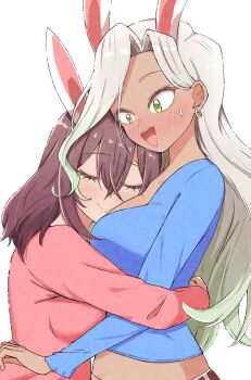 2girls :d animal_ears blue_shirt blush breasts brown_hair closed_eyes commentary dark-skinned_female dark_skin earrings female_focus from_side green_eyes hashtag-only_commentary highres hug jewelry kaho_eira kimi_no_koto_ga_dai_dai_dai_dai_daisuki_na_100-nin_no_kanojo large_breasts long_hair long_sleeves meido_mei midriff multiple_girls nanraka open_mouth pink_shirt rabbit_ears shirt simple_background smile sweatdrop trait_connection white_background white_hair yuri