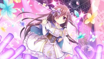 1girl blue_cape blue_flower blue_petals bow brown_corset brown_hair buttons cape closed_mouth concert corset detached_sleeves dot_nose double-breasted falling_flower film_grain flower frilled_skirt frills game_cg glowstick hair_bow hair_over_one_eye hair_ribbon hands_up holding holding_microphone idol idol_clothes izumi_tsubasu long_hair looking_at_viewer microphone mizushino_sono non-web_source official_art pink_flower purple_bow purple_eyes purple_ribbon re:stage! ribbon screen single_detached_sleeve skirt smile solo sparkle stage_lights striped_bow two-sided_cape two-sided_fabric waving white_cape white_skirt white_sleeves white_wrist_cuffs wrist_cuffs yellow_flower