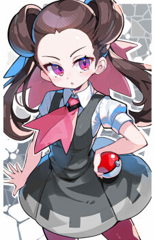 1girl ascot brown_hair collared_shirt commentary_request dress hand_on_own_hip highres holding holding_poke_ball long_hair nintendo omochishiki open_mouth pantyhose pink_ascot poke_ball poke_ball_(basic) pokemon pokemon_oras purple_eyes roxanne_(pokemon) shirt short_sleeves solo twintails white_shirt