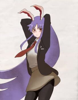 1girl animal_ears animated arms_behind_head arms_up blazer blush commentary_request cowboy_shot dancing jacket long_hair long_sleeves looking_at_viewer looping_animation me!me!me!_dance_(meme) meme necktie open_clothes pantyhose purple_hair rabbit_ears rabbit_girl red_eyes red_necktie reisen_udongein_inaba shirt simple_background skirt solo standing tagme touhou very_long_hair video yukine_0930