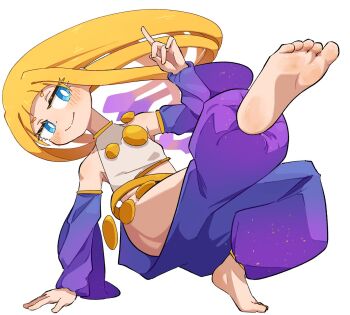 1girl barefoot blonde_hair blue_eyes blush feet highres long_hair mok_orz original smile soles toes