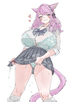 1girl absurdres animal_ears aqua_bra aqua_panties black_bow black_bowtie black_skirt bow bowtie bra bra_visible_through_clothes breasts button_gap cat_ears cat_girl cat_tail closed_mouth clothes_lift dripping facial_mark final_fantasy final_fantasy_xiv from_below gyaru heart highres huge_breasts kneehighs lifting_own_clothes looking_at_viewer loose_socks medium_hair miniskirt miqo'te original panties pantyshot pink_eyes pink_hair pink_tail plamja_jukov pleated_skirt school_uniform see-through_clothes see-through_shirt shirt shirt_tucked_in simple_background skirt skirt_lift sleeves_rolled_up smile socks solo tail thighs underwear warrior_of_light_(ff14) wet white_background white_shirt white_socks wringing_clothes wringing_skirt