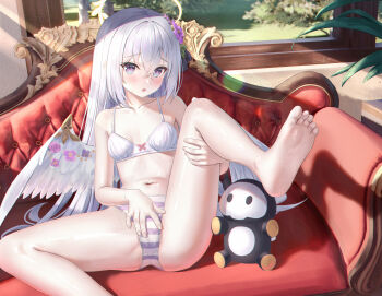 1girl absurdres angel_wings ass azusa_(blue_archive) bare_arms bare_legs barefoot blue_archive blush bra breasts breasts_apart cameltoe collarbone couch crossed_bangs feathered_wings feet flower grey_hair hair_between_eyes hair_flower hair_ornament halo hand_on_own_crotch head_tilt highres leg_up light_beam long_hair looking_at_viewer navel nay on_couch open_mouth painting_(object) pale_skin panties plant potted_plant purple_eyes shadow sidelocks sitting small_breasts soles solo stomach straight_hair striped_clothes striped_panties stuffed_toy sweat toes underwear very_long_hair wings