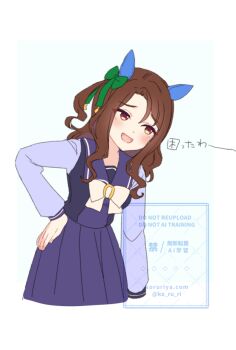 1girl animal_ears blush bow bowtie breasts brown_hair ear_bow ear_covers ear_ribbon green_bow horse_ears horse_girl king_halo_(umamusume) koruri long_hair open_mouth pleated_skirt purple_sailor_collar purple_serafuku purple_shirt purple_skirt red_eyes sailor_collar sailor_shirt school_uniform serafuku shirt skirt smile solo tracen_school_uniform umamusume white_bow white_bowtie