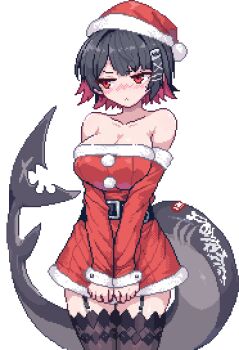 1girl belt belt_around_waist belt_buckle black_belt black_hair blush breasts buckle cleavage collarbone colored_inner_hair cowboy_shot detached_sleeves dress ellen_joe fins fish_tail flustered fur-trimmed_dress fur-trimmed_sleeves fur_trim garter_straps hair_ornament hairband hairclip highres multicolored_hair pink_hair pixel_art red_dress red_eyes santa_costume santa_dress shark_girl shark_tail shimamuraa11451 shy simple_background solo tail thighhighs undersized_clothes white_background zenless_zone_zero