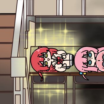 2boys blue_eyes blush bocchi_the_rock! bow chibi chibi_only commentary_request desk gotoh_hitori kita_ikuyo looking_at_viewer lying multiple_boys on_side one_side_up pink_hair red_bow red_hair school_desk shaded_face short_hair stairs yakotako yellow_eyes