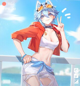 1girl absurdres animal_ears battery_indicator black_choker blue_eyes blue_hair blue_sky breasts camera_view character_request choker cleavage cloud collarbone cowboy_shot crop_top cropped_jacket denim emphasis_lines eyewear_on_headwear fake_animal_ears hand_on_own_hip highres hood hood_down hooded_jacket jacket jeans linea_alba medium_breasts navel nitai_shi open_clothes open_jacket orange-tinted_eyewear outdoors pants railing recording resonance_solstice rimless_eyewear short_hair sky solo spaghetti_strap stomach sunglasses tinted_eyewear torn_clothes torn_jeans torn_pants user_interface v visor_cap white_pants wristband