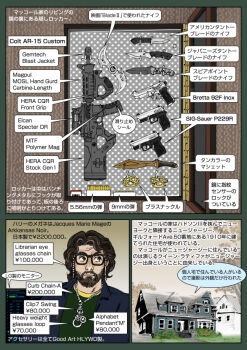 Rule 34 | 1boy, 5.56x45mm nato, 9x19mm parabellum, ammunition, ammunition chute, ammunition focus, ammunition name, ar-15, assault rifle, beard, beretta, beretta 92, brass knuckles, brown hair, carbine cartridge, colt's manufacturing company, dmr cartridge, english text, facial hair, glasses, gun, handgun, handgun cartridge, harry keshegian, intermediate cartridge, japanese text, knife, lmg cartridge, mustache, muta koji, pistol, pistol cartridge, rifle, rifle cartridge, sig p228/p229, sig sauer, story time (muta koji), the equalizer, the equalizer (2021), translation request, weapon, weapon focus, weapon name, weapon profile