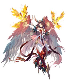 Rule 34 | 1girl, absurdres, bird, breasts, brown eyes, brown hair, detached sleeves, dress, feathered wings, fiery wings, full body, highres, medium breasts, solo, starward, thighhighs, white background, white dress, wings, zhu fun