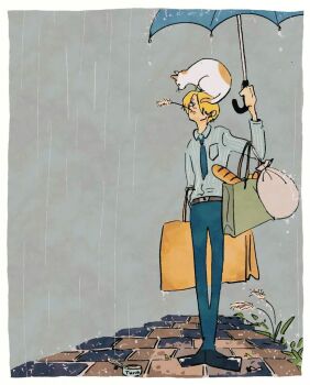 1boy animal animal_on_head arm_up bag baguette blonde_hair blue_shirt blue_umbrella border bread breast_pocket cat cat_on_head commentary food holding holding_bag holding_umbrella long_sleeves looking_at_animal looking_up male_focus mouth_hold on_head one_piece oooooogu24 pinstripe_pattern pinstripe_shirt pocket rain sanji_(one_piece) shirt shirt_tucked_in short_hair solo stalk_in_mouth standing stone_walkway storm umbrella white_border