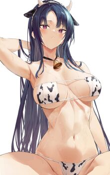 1girl animal_ears animal_print bell bikini black_hair blush breasts cleavage cow_ears cow_horns cow_print fake_animal_ears fake_horns hairband hand_in_own_hair highres hiiragi_yuuichi horns large_breasts long_hair looking_at_viewer navel neck_bell original parted_lips purple_eyes simple_background solo stomach swimsuit white_background