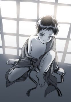 1boy barefoot blush feet full_body highres kiripico male_focus monochrome nipples original short_hair shota sitting solo