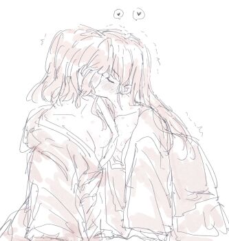 2girls bite_mark bite_mark_on_breast blush breasts butterfly_hair_ornament closed_eyes collarbone commentary_request greyscale hair_down hair_ornament heart hickey highres japanese_clothes kimetsu_no_yaiba kimono kochou_shinobu long_hair monochrome multiple_girls nipples numoo10233 off_shoulder small_breasts spoken_heart sweat tsuyuri_kanao yuri