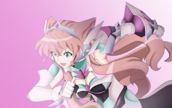 1girl :d breasts cleavage crossed_bangs dated_commentary double-parted_bangs elbow_gloves floating_hair gem gloves gradient_background green_eyes hair_between_eyes hair_ears headgear highres large_breasts long_hair maria_cadenzavna_eve open_mouth pink_background pink_gem running senki_zesshou_symphogear simple_background smile solo souran symphogear_pendant tiara undersuit upper_body white_gloves