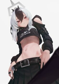 1girl absurdres black_hair black_shirt black_skirt blue_archive blush breasts closed_mouth clothing_cutout cropped_shirt demon_girl demon_horns from_below grey_halo hair_between_eyes halo highres horns jewelry kayoko_(blue_archive) long_hair looking_at_viewer multicolored_hair multiple_rings navel red_eyes rifu002 ring shirt shoulder_cutout sidelocks skirt solo stomach two-tone_hair underboob white_hair